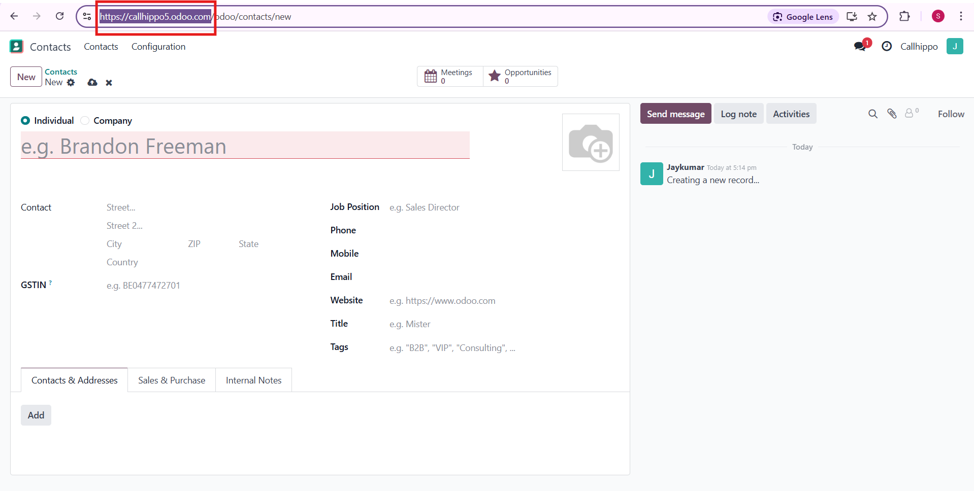 Odoo contacts page showing the account URL highlighted in the browser address bar