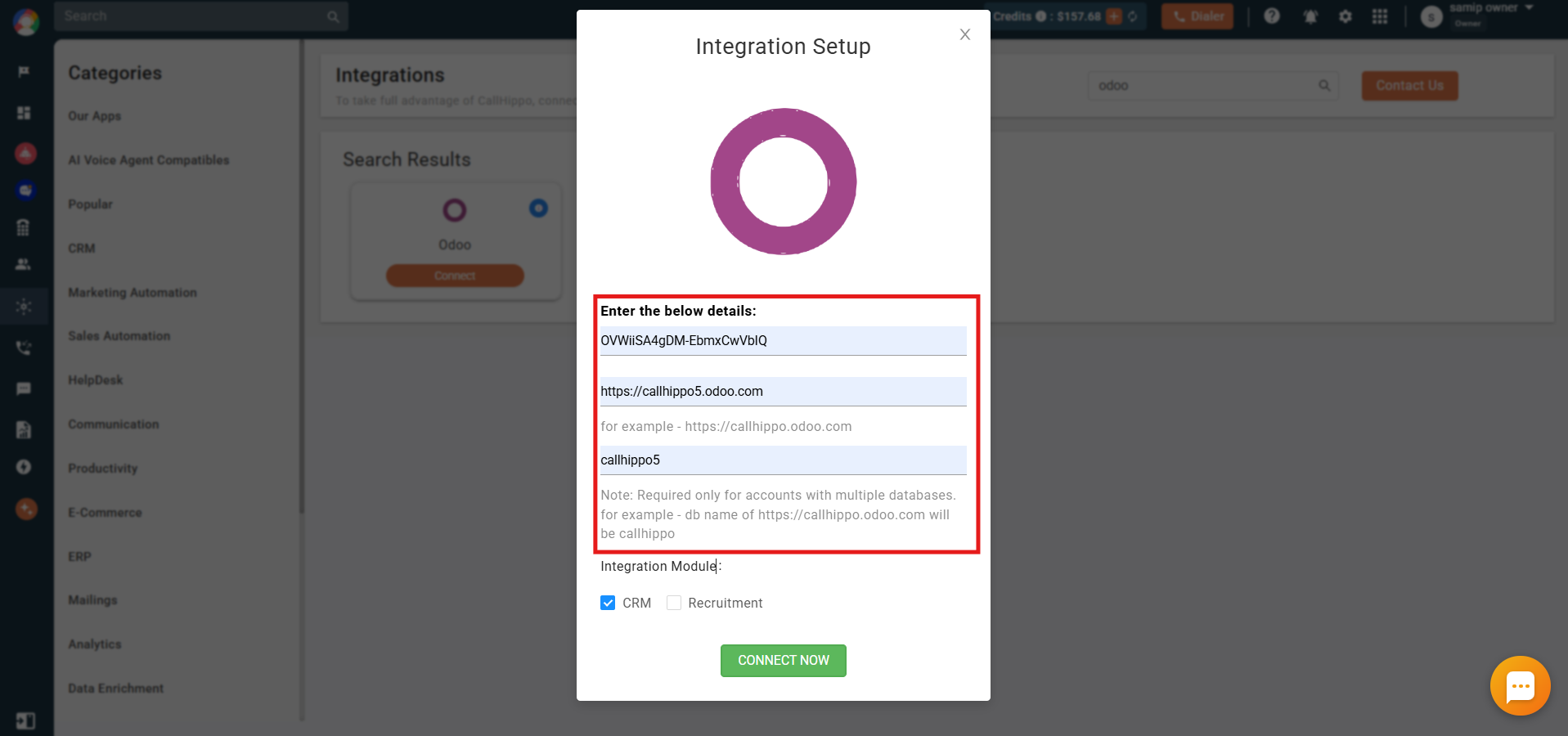 CallHippo Odoo Integration Setup popup with API key, URL, database and module fields