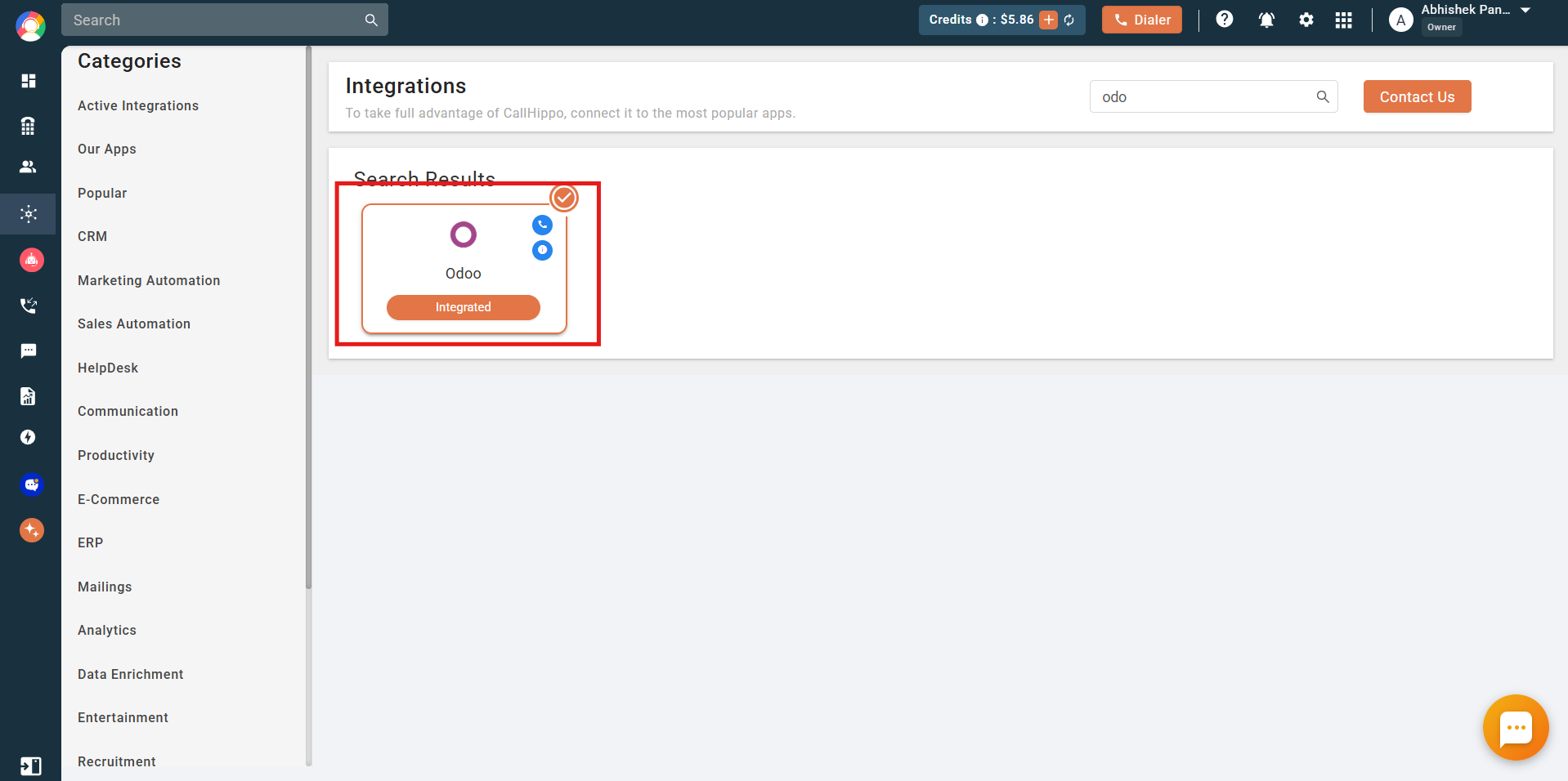 CallHippo Integrations page showing Odoo with Integrated status