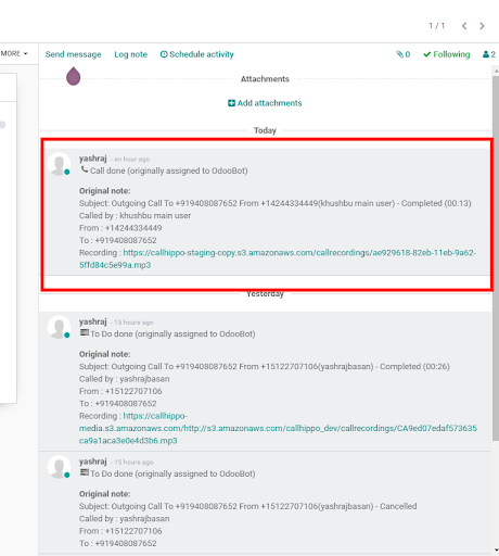 Odoo contact activity feed showing a CallHippo call note with recording link