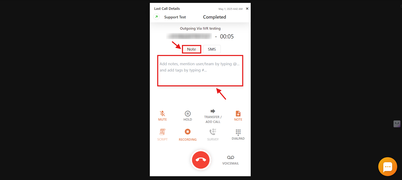 Active call screen with the Note button and note text field highlighted