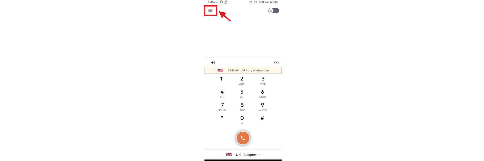 CallHippo Android app dialer with the main menu icon highlighted