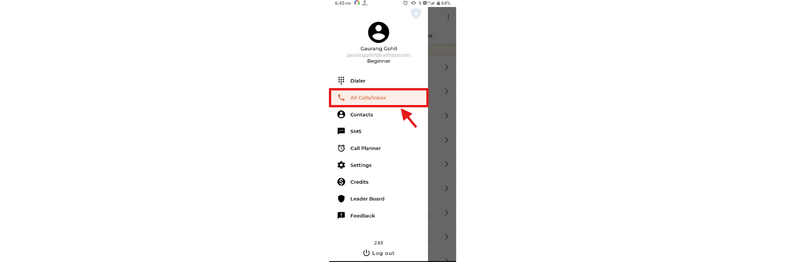 Android app menu with the All Calls/Inbox option highlighted