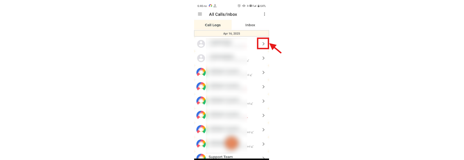 Android All Calls/Inbox list with the arrow button on a call highlighted