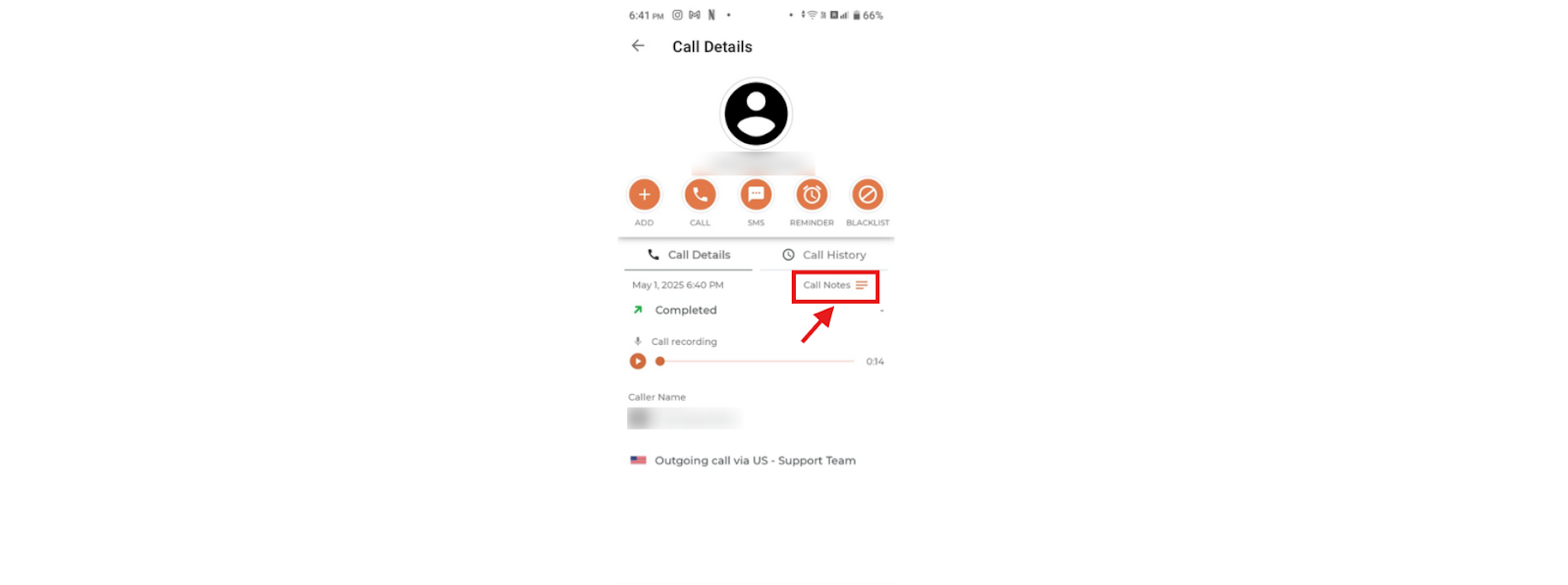 Android Call Details screen with the Call Notes option highlighted