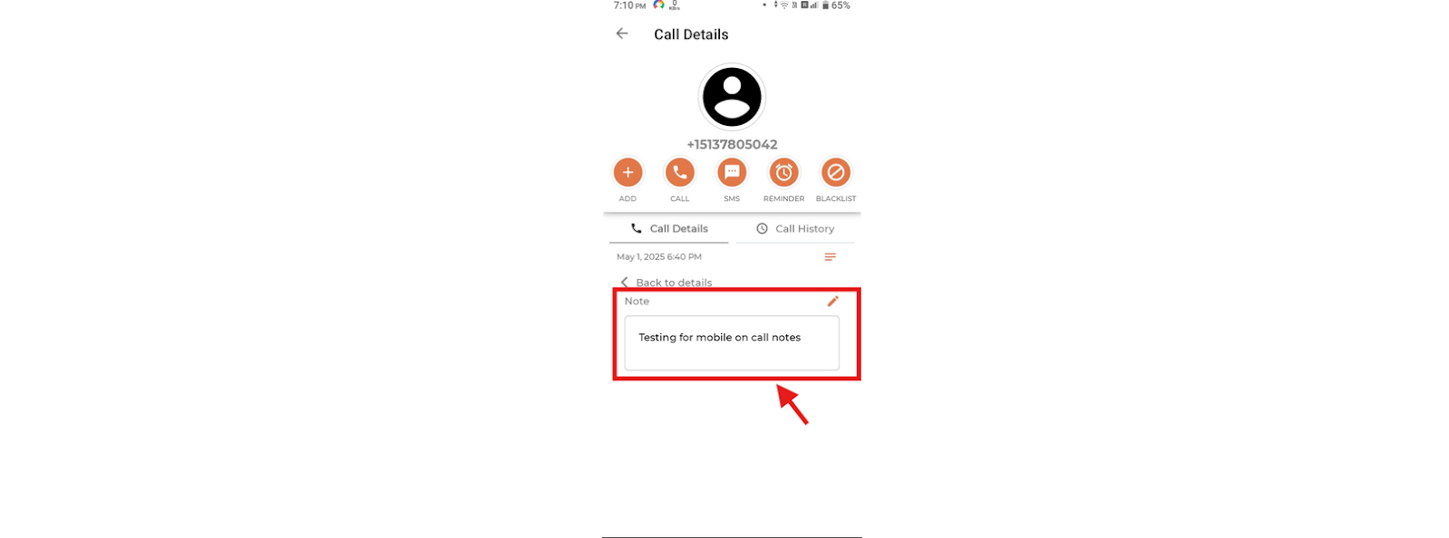 Android Call Notes text box showing a saved note that can be edited