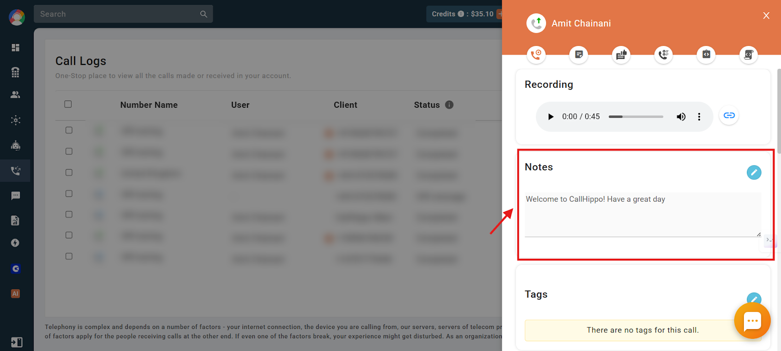 Call details panel showing the Notes section with a saved note and edit icon