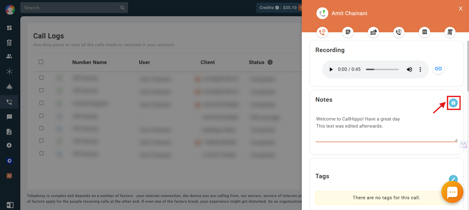 Notes section with edited text and the save icon highlighted