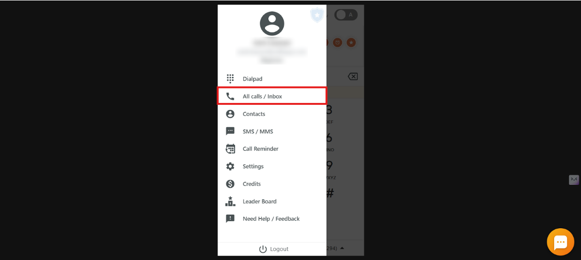 Dialer menu with the All calls / Inbox option highlighted