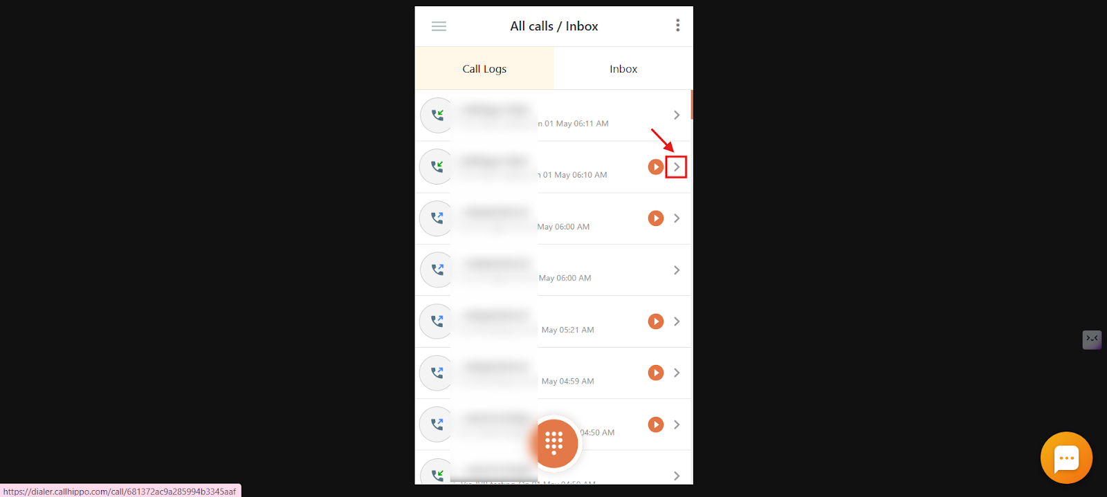 All calls / Inbox list with the arrow button on a call highlighted