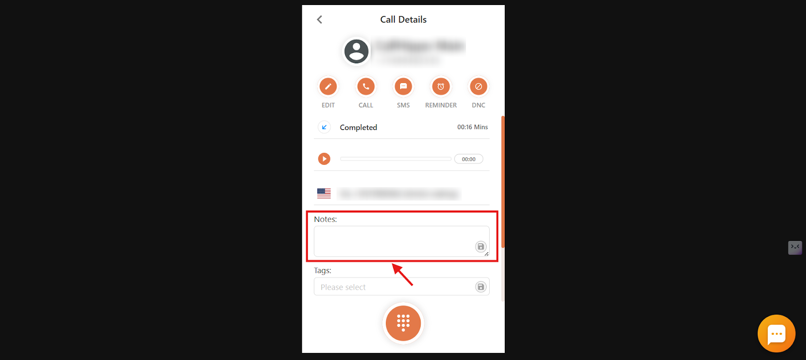 Web dialer call details with the Notes field highlighted
