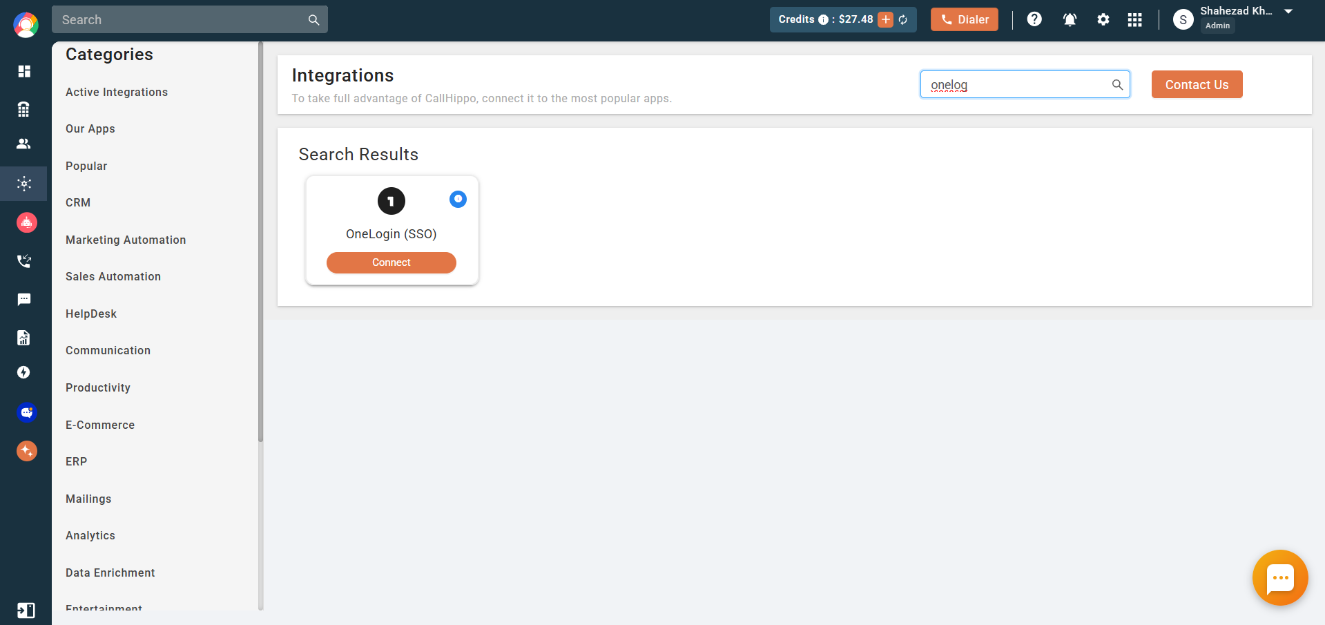 CallHippo Integrations page with OneLogin (SSO) search result and Connect button