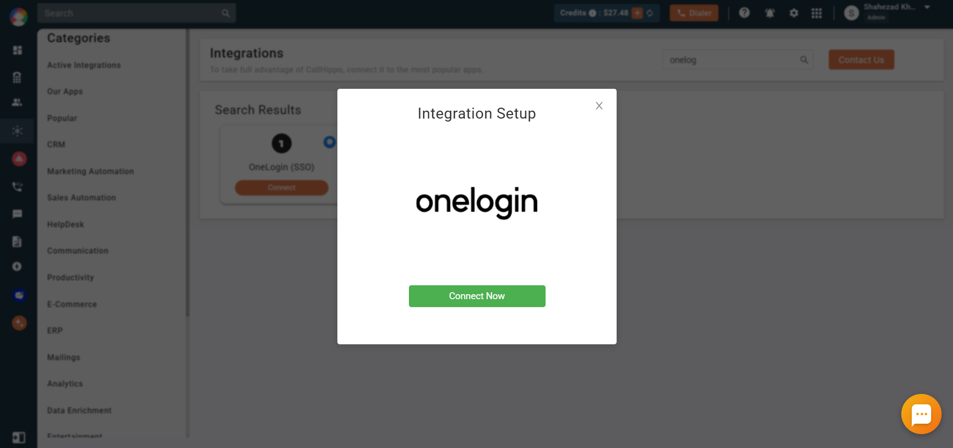 Integration Setup popup showing OneLogin logo and Connect Now button