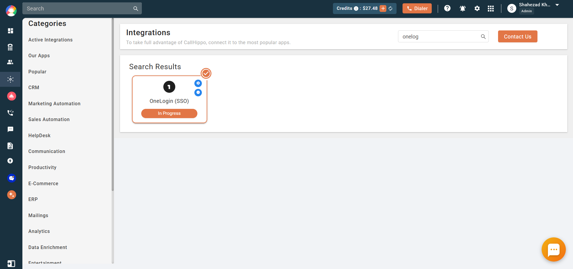 OneLogin SSO integration card showing In Progress status in CallHippo
