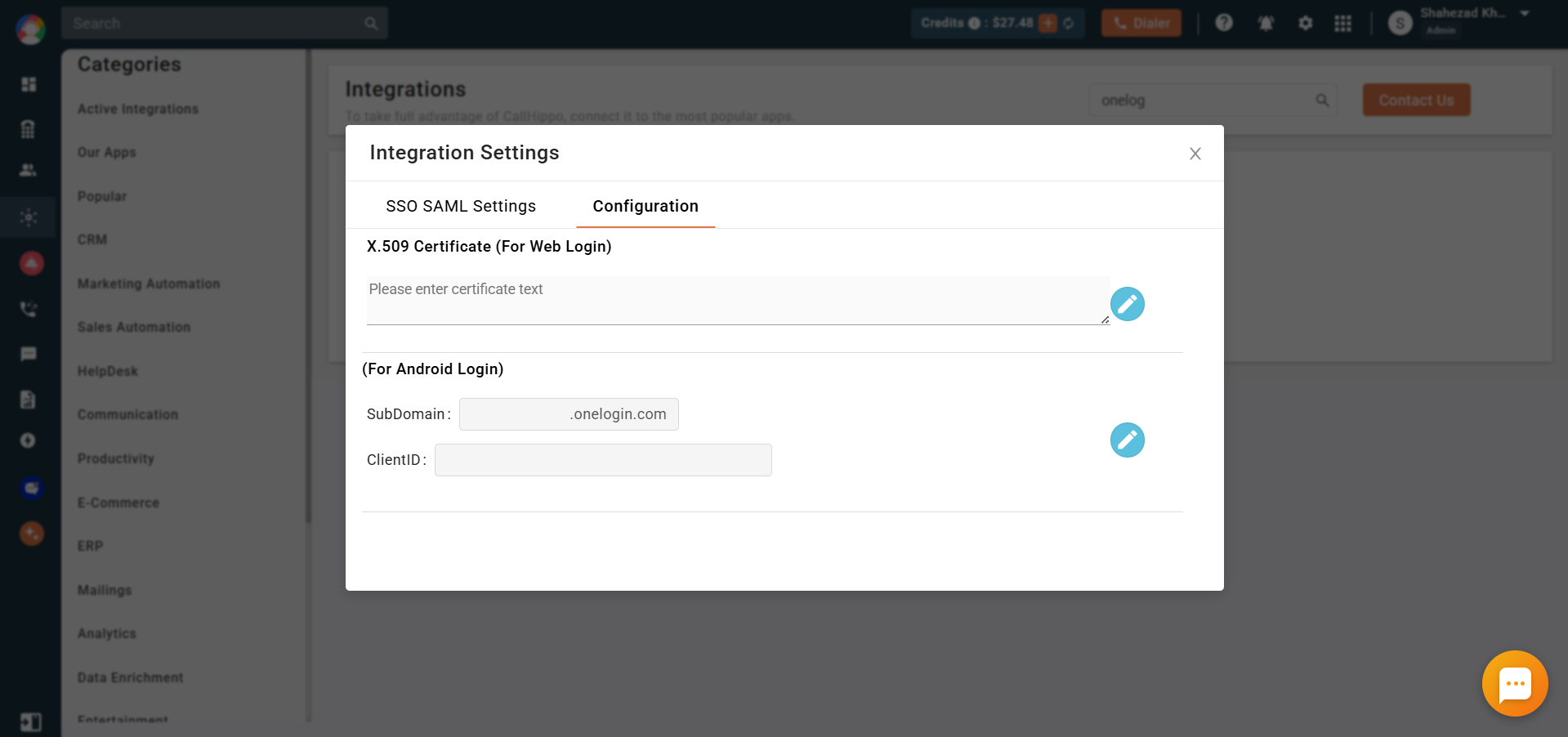 Integration Settings Configuration tab with X.509 Certificate and Android login fields