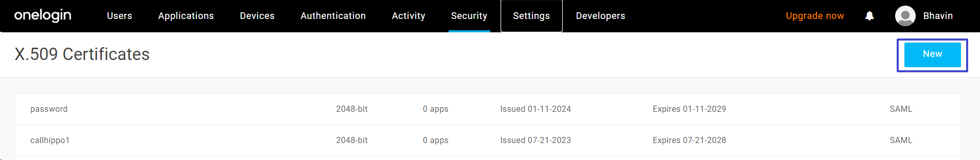 OneLogin X.509 Certificates page with the New button highlighted