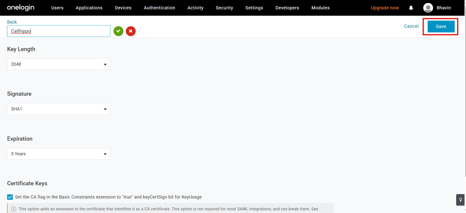 OneLogin certificate creation form with key length 2048, signature, expiration and Save