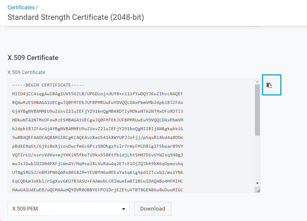 OneLogin generated X.509 certificate with copy icon highlighted