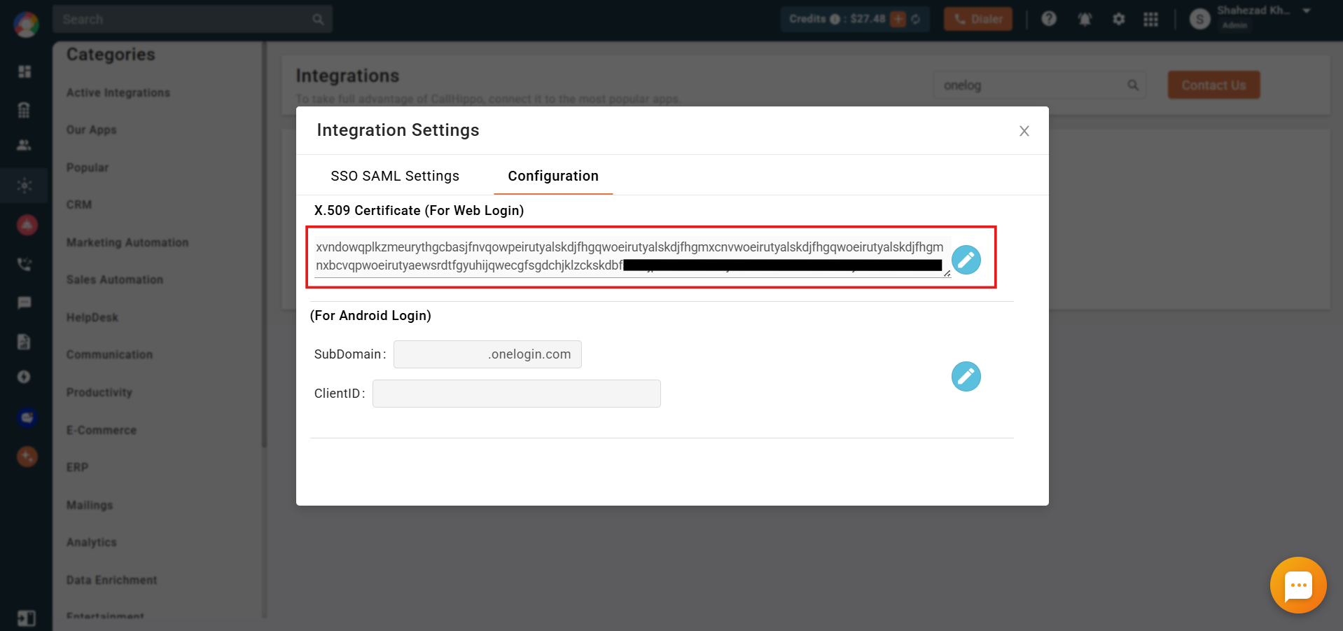 CallHippo Configuration tab with the X.509 certificate pasted for web login