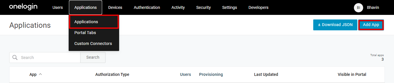 OneLogin Applications menu with Add App button highlighted