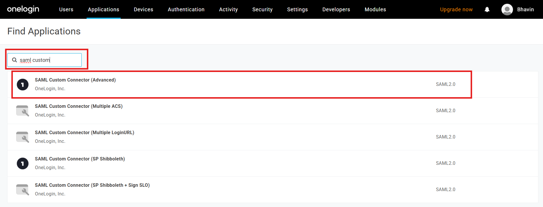 OneLogin app search for saml custom with SAML Custom Connector (Advanced) selected