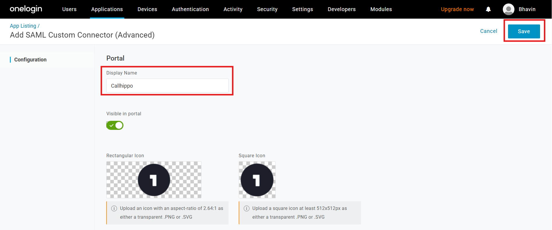 Add SAML Custom Connector with display name CallHippo and Save button