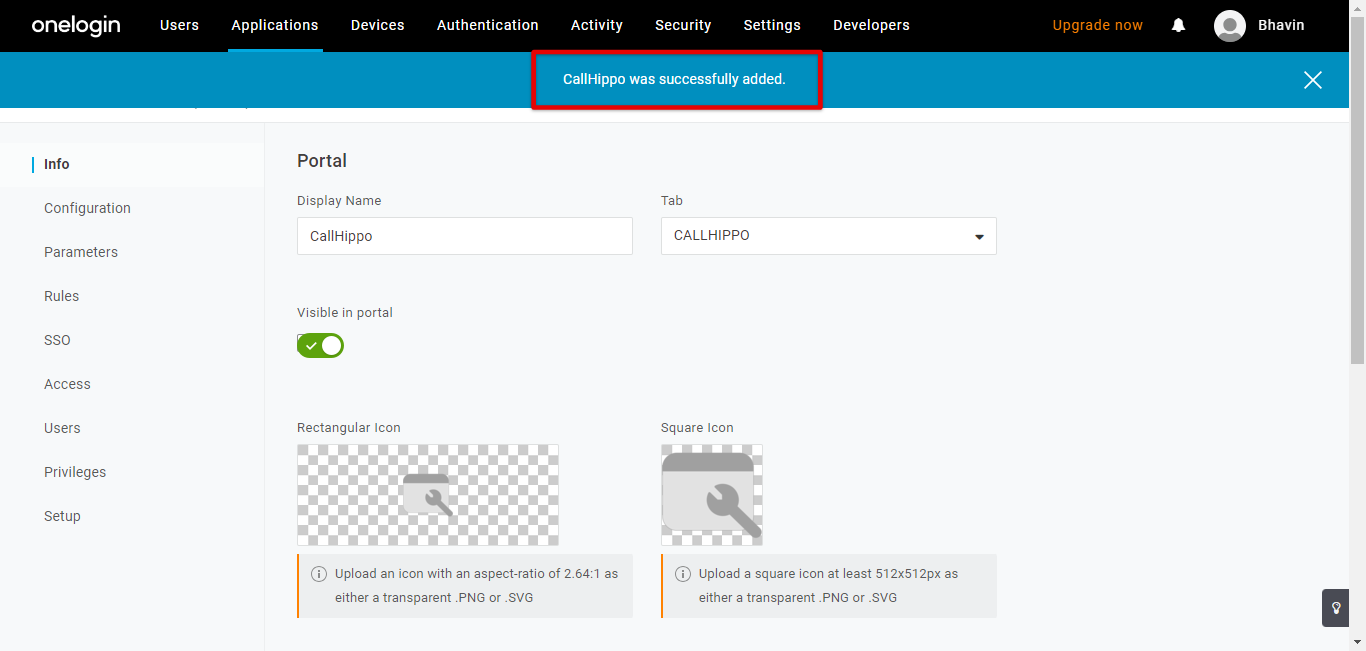 OneLogin confirmation message CallHippo was successfully added