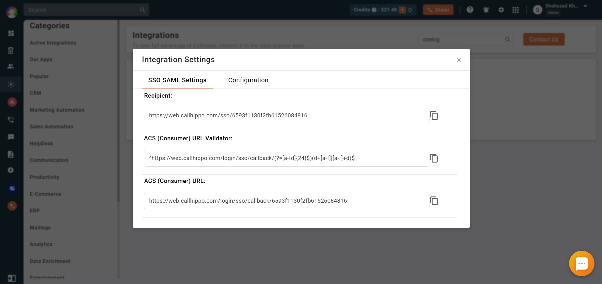 CallHippo SSO SAML Settings showing Recipient, ACS URL Validator and ACS URL to copy
