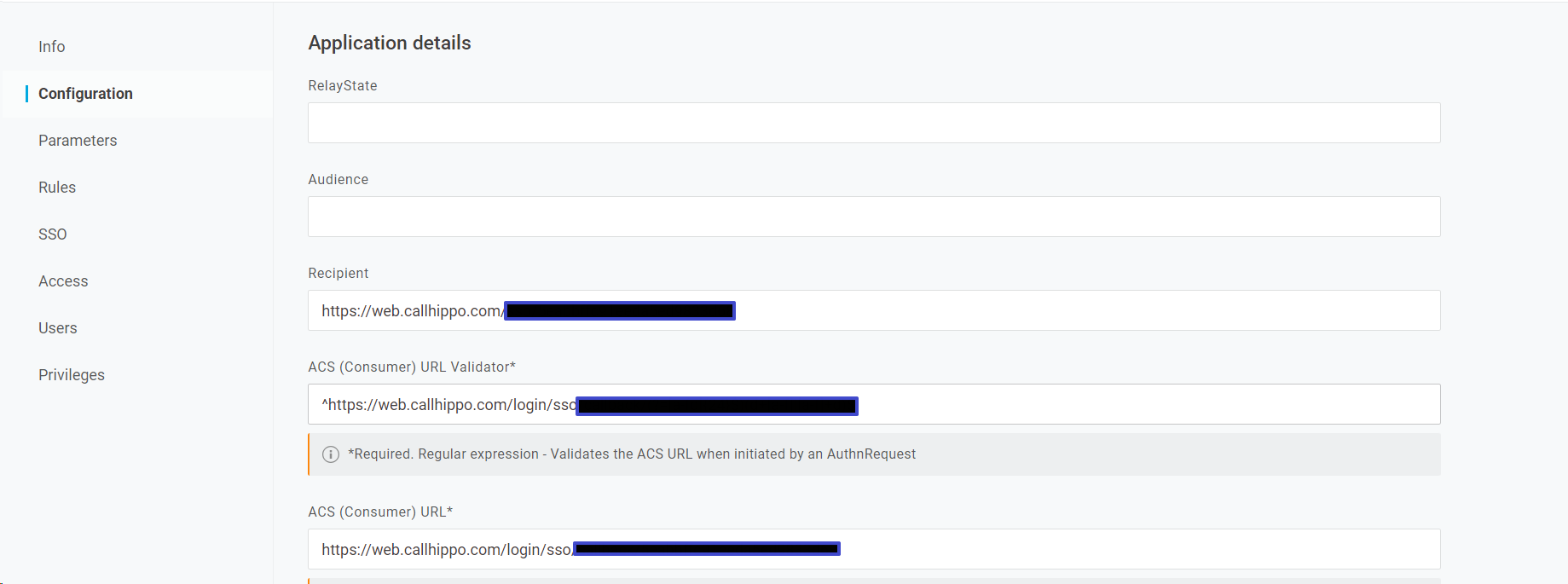 OneLogin application configuration with Recipient, ACS URL Validator and ACS URL pasted