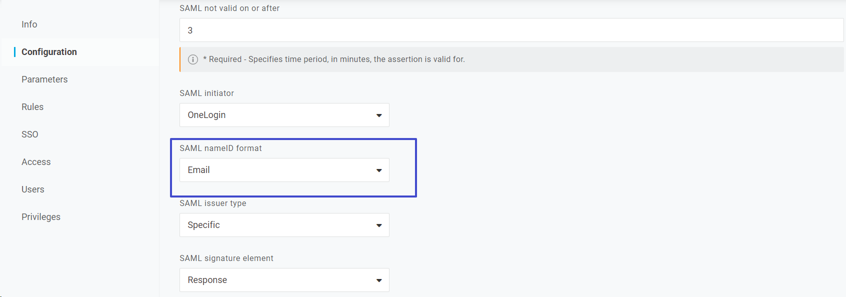 OneLogin configuration with SAML nameID format set to Email