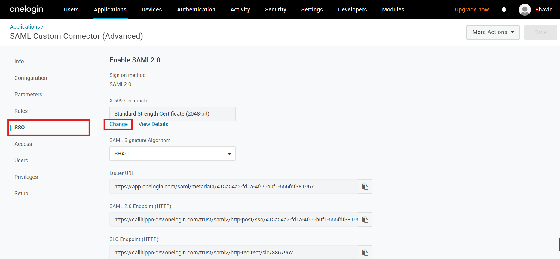 OneLogin app SSO tab with the Change link for X.509 certificate highlighted