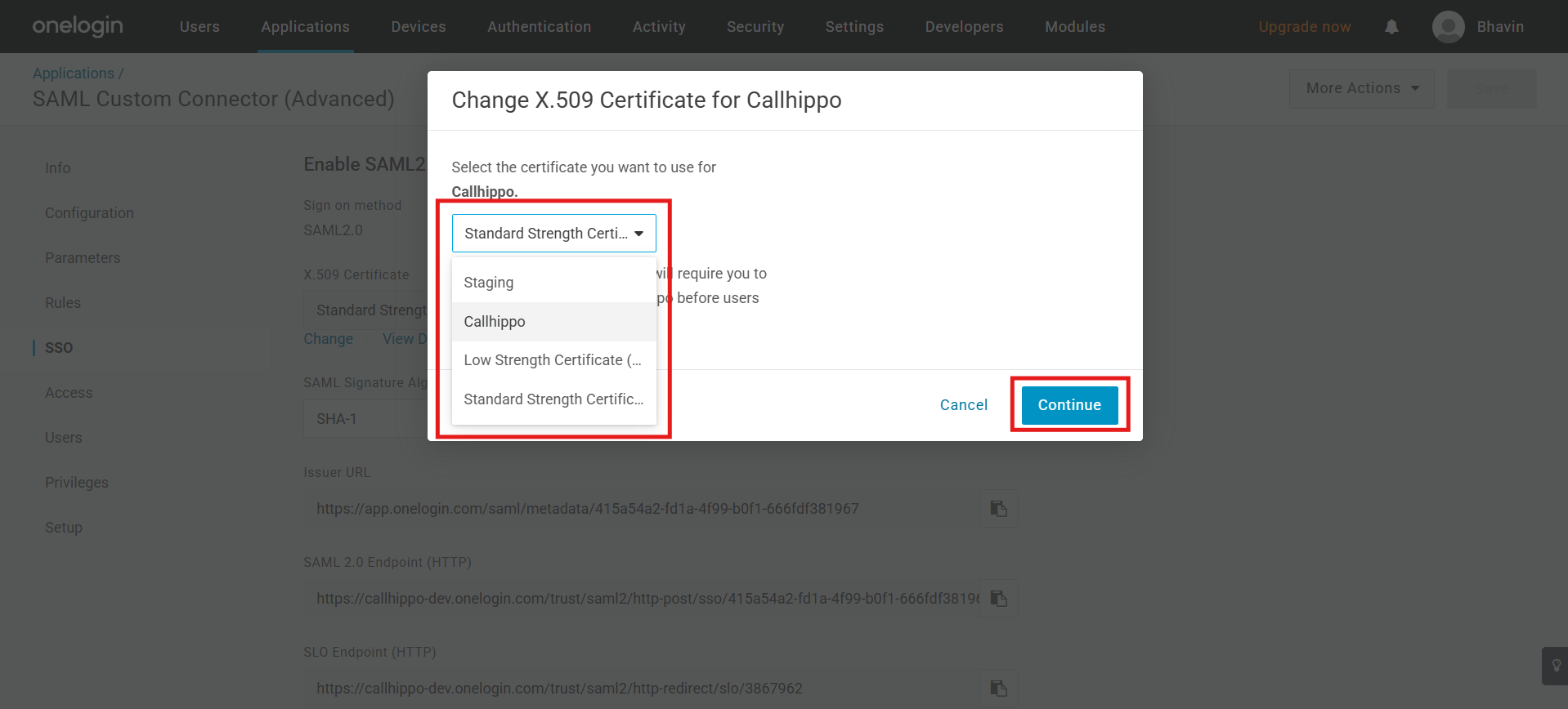 Change X.509 Certificate dialog selecting the CallHippo certificate with Continue