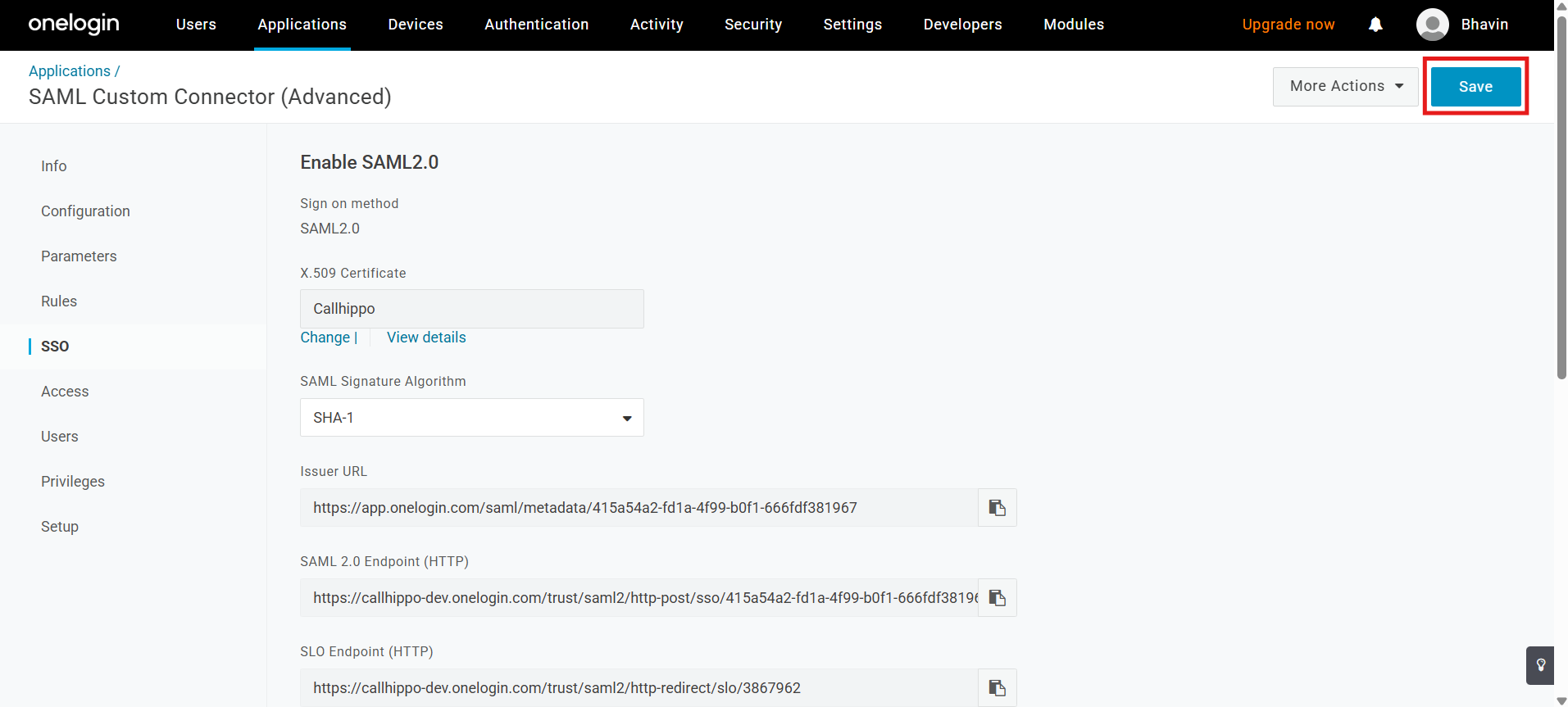 OneLogin SSO tab showing CallHippo certificate selected with Save highlighted