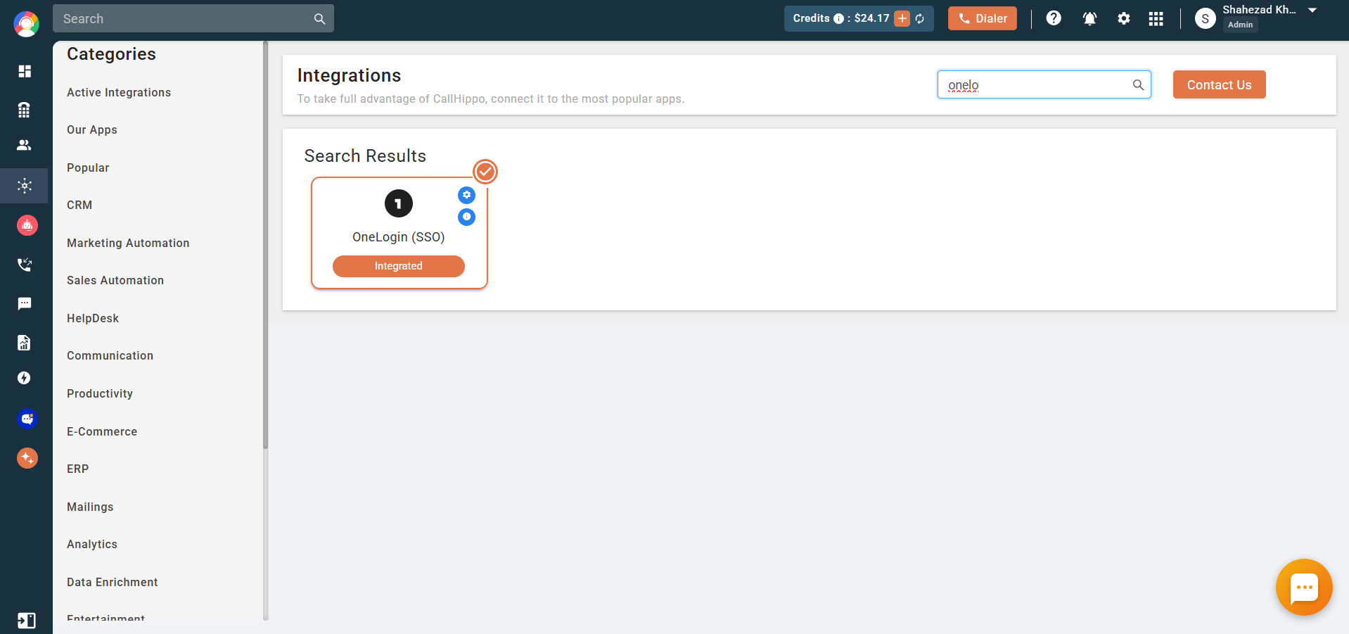 CallHippo integration card showing OneLogin SSO status as Integrated