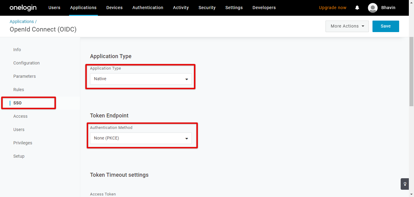OneLogin OIDC SSO tab with Application Type Native and Authentication Method None PKCE