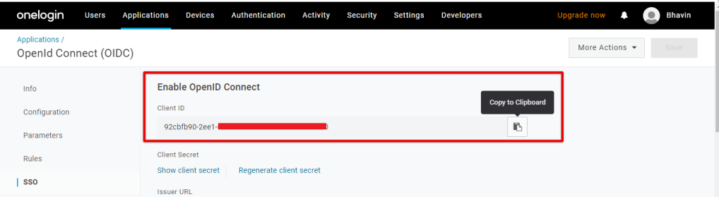 OneLogin OpenID Connect SSO section showing the Client ID with copy option