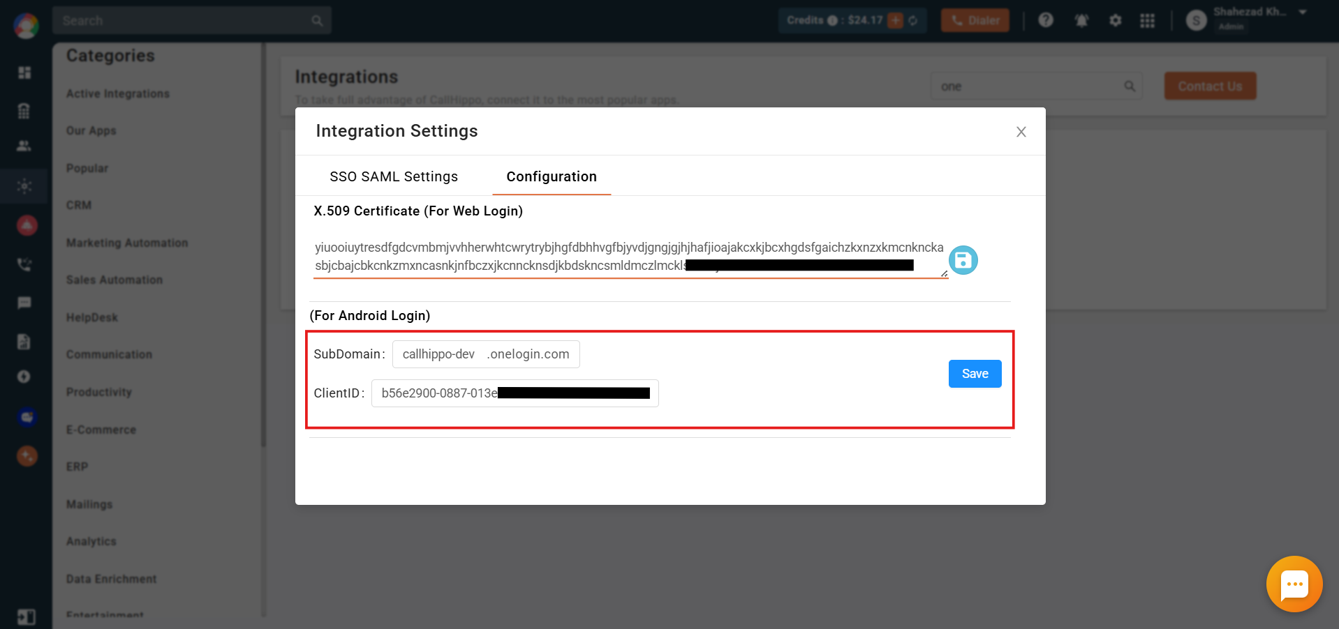 CallHippo Configuration Android login with Client ID and OneLogin subdomain entered
