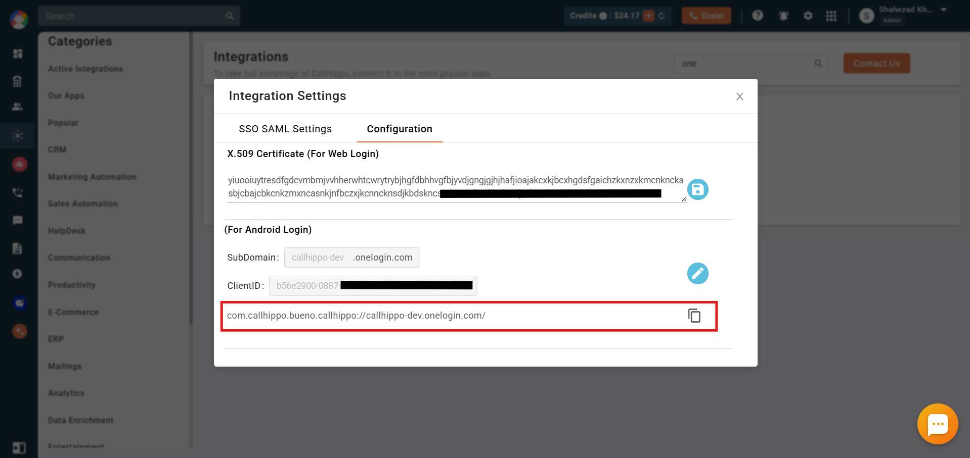 CallHippo showing the generated redirect domain to copy for OneLogin Android login