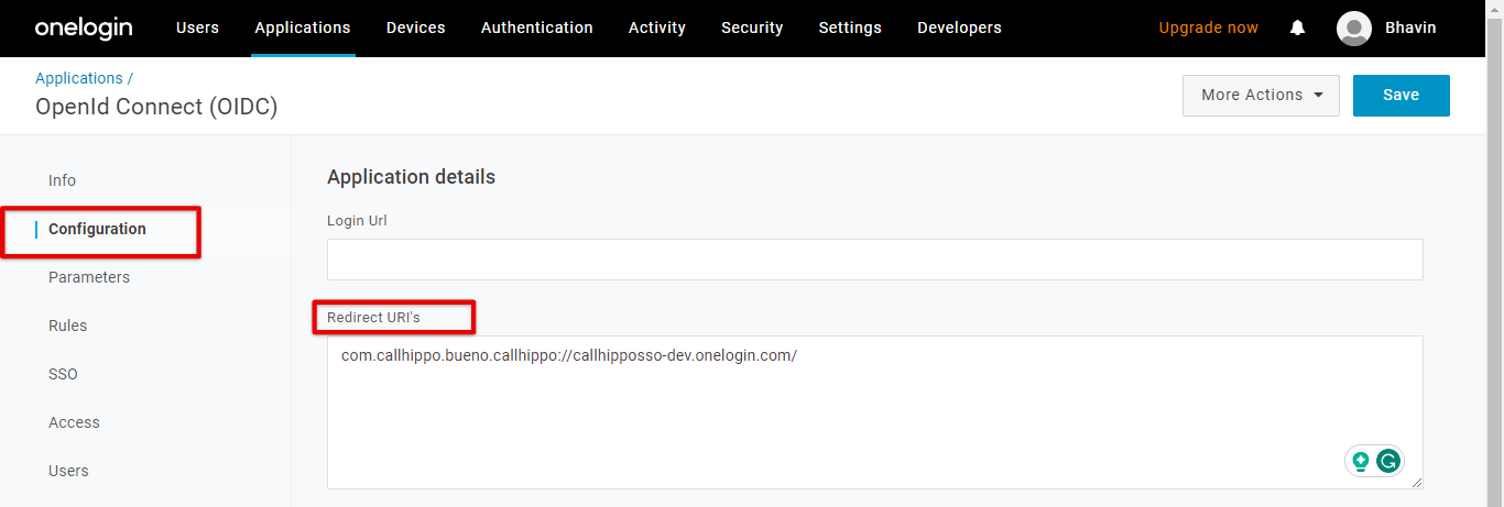 OneLogin OIDC app configuration with the redirect URI pasted in Redirect URIs field