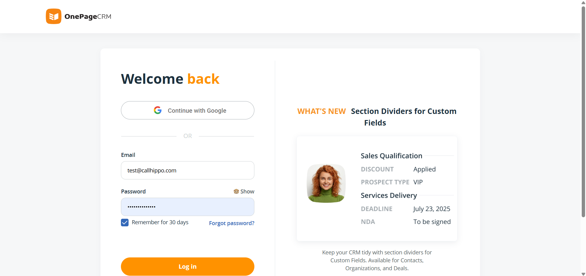OnePageCRM login screen with email and password fields