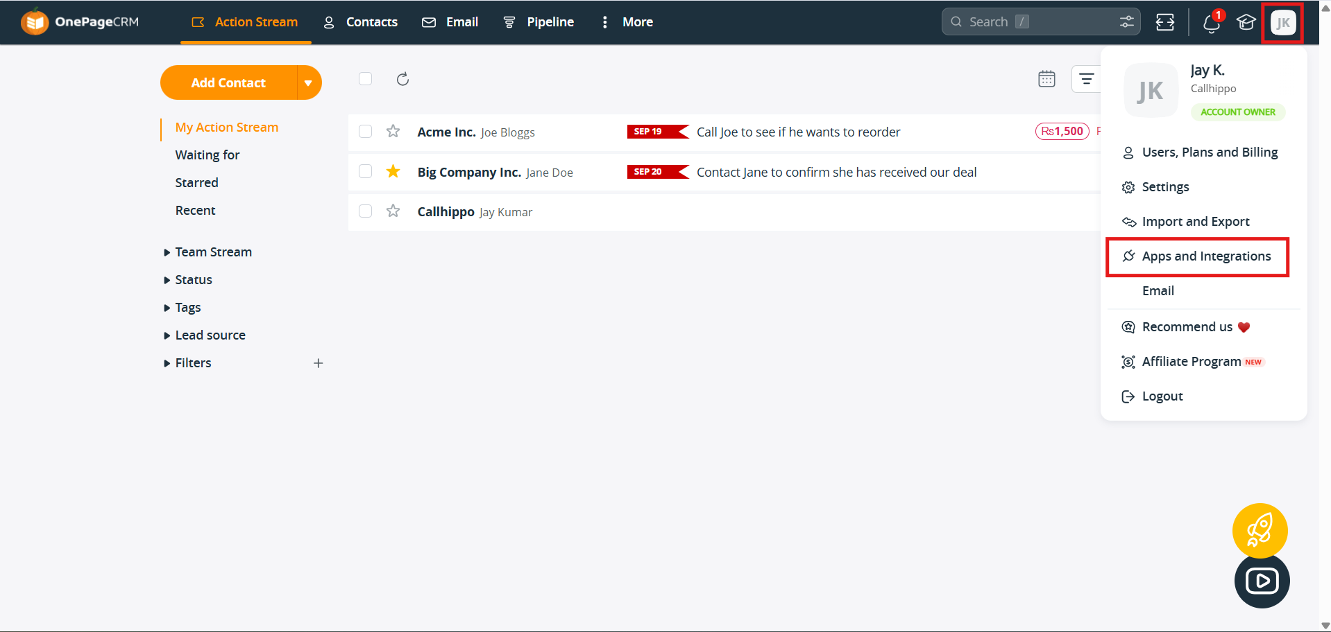 OnePageCRM profile menu with Apps and Integrations highlighted