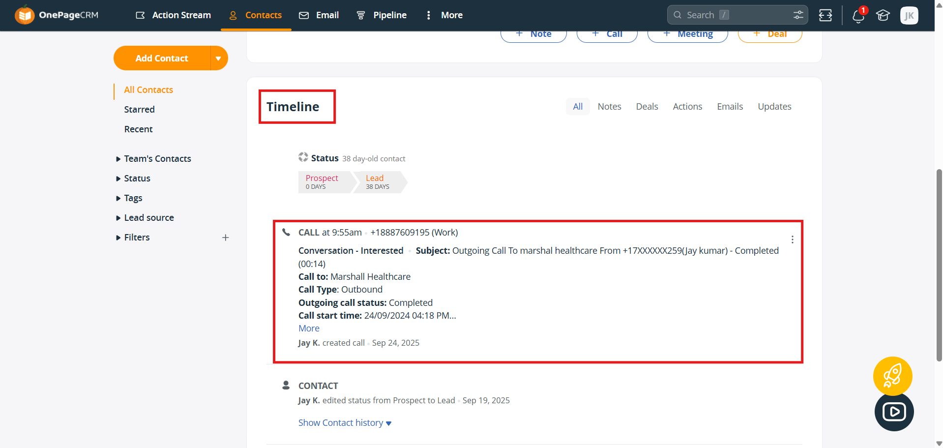 Call activity logged on the OnePageCRM contact Timeline