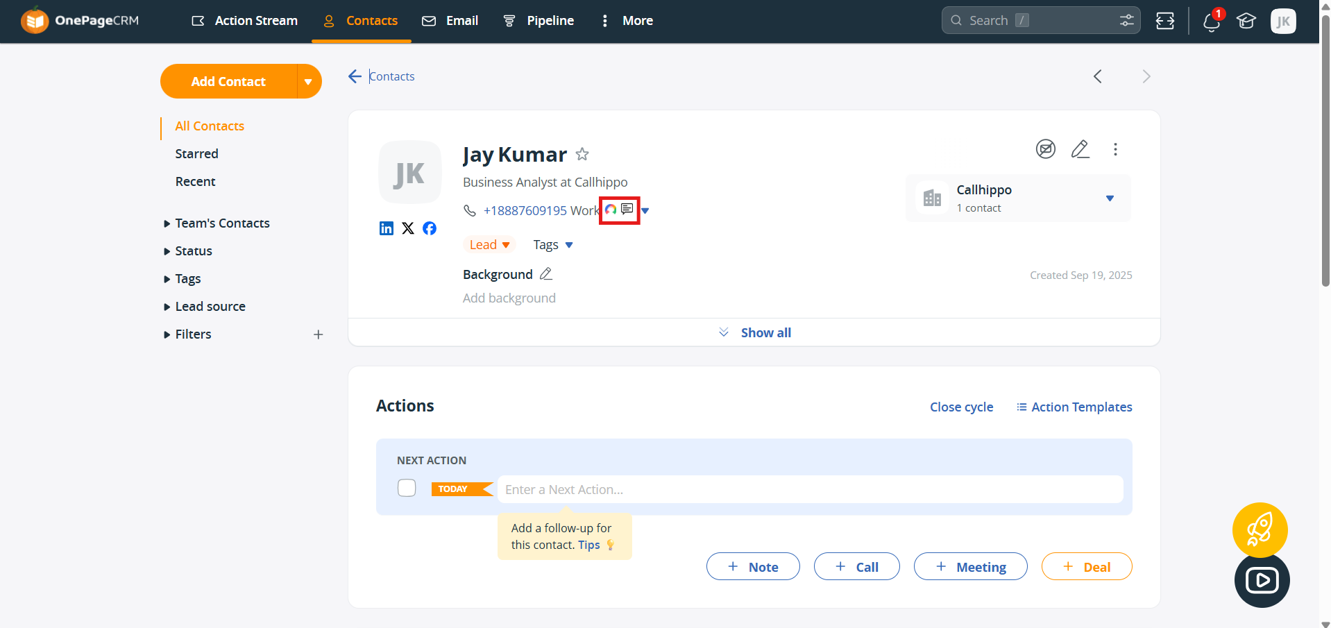 Click to Call and SMS icons on an OnePageCRM contact