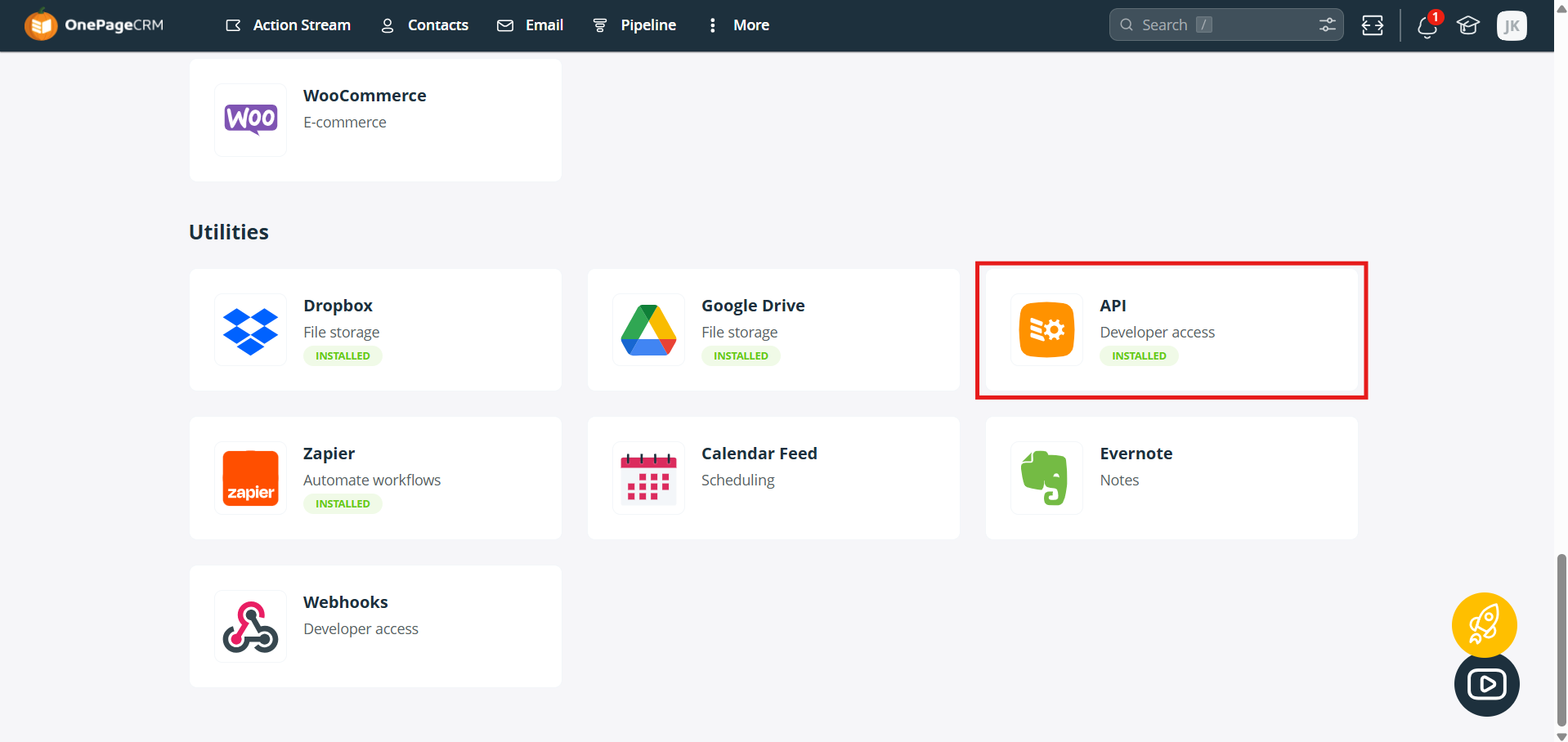 API app under the Utilities section of OnePageCRM Apps and Integrations