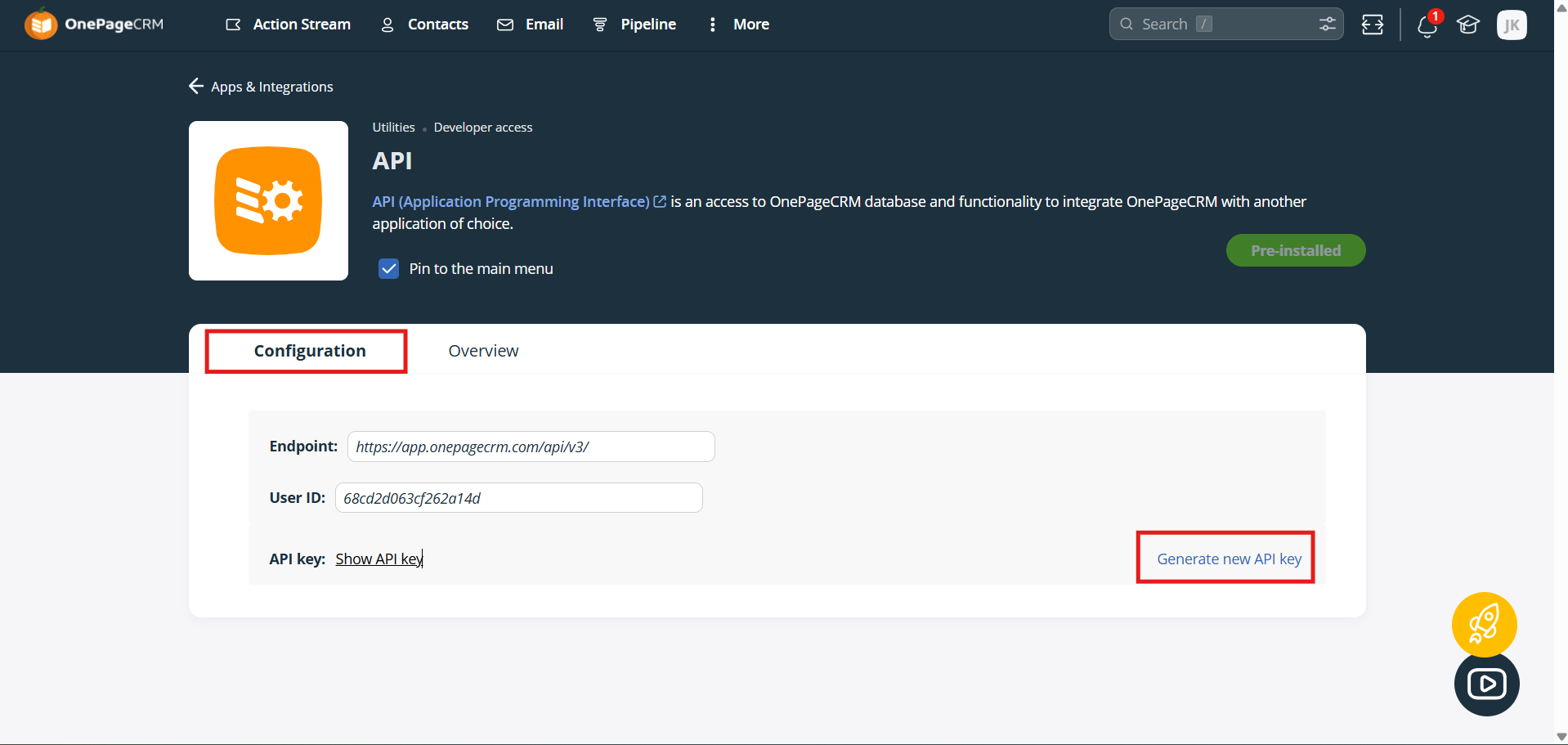 OnePageCRM API Configuration tab with Generate new API key highlighted
