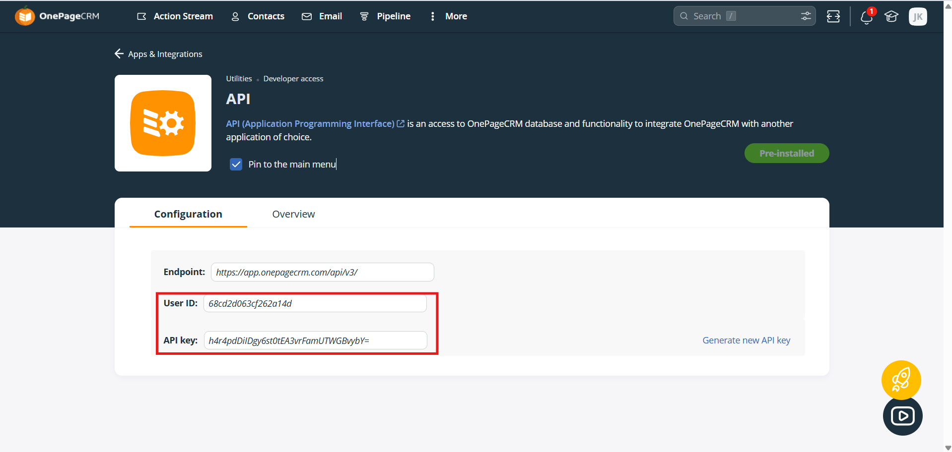 OnePageCRM API Configuration tab showing the User ID and API key