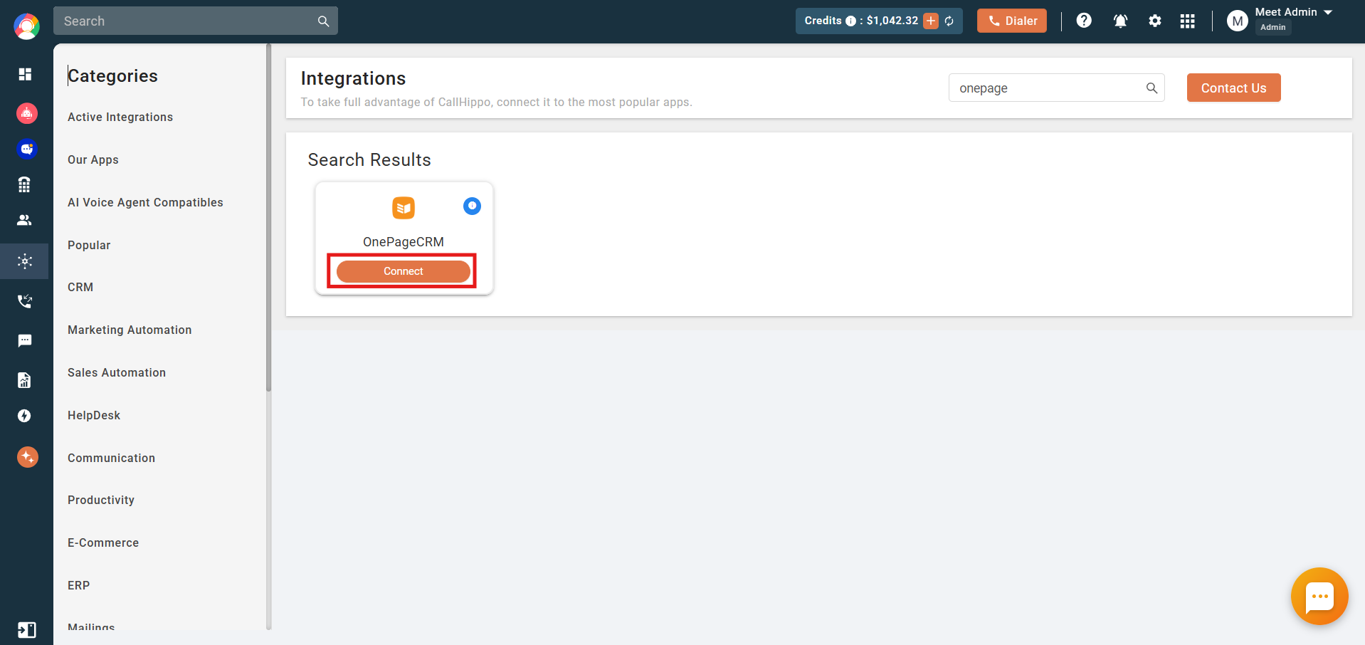 OnePageCRM integration card with the Connect button in CallHippo