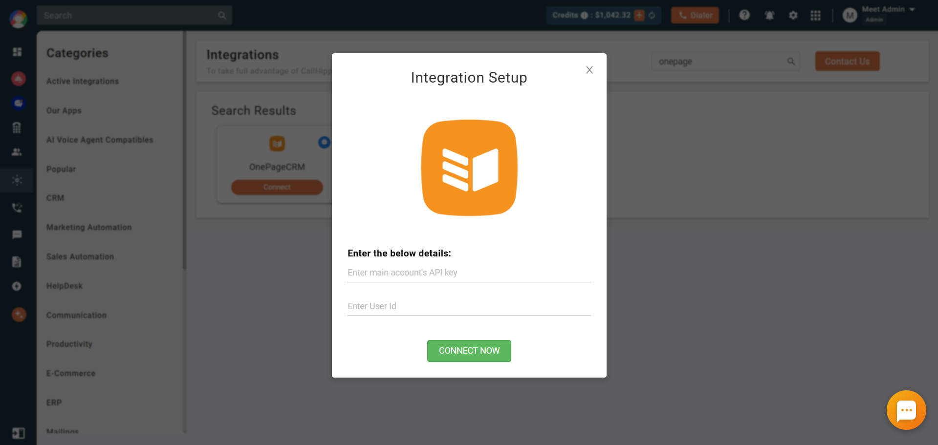 CallHippo Integration Setup dialog with API key and User ID fields