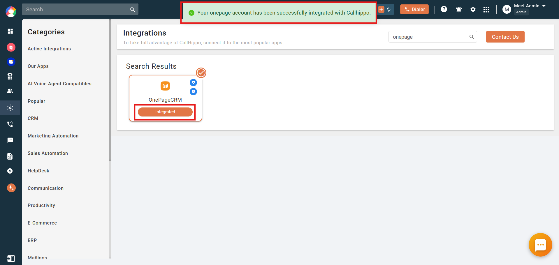 Confirmation that the OnePageCRM account is integrated with CallHippo