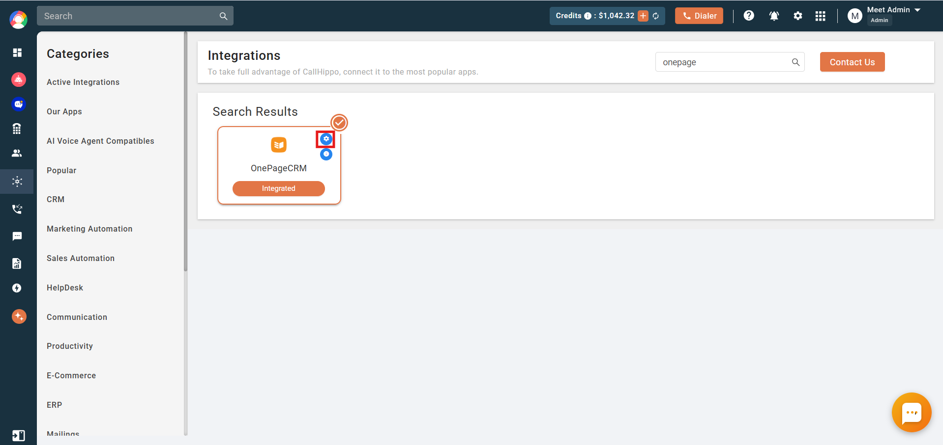 Settings icon on the OnePageCRM integration card in CallHippo
